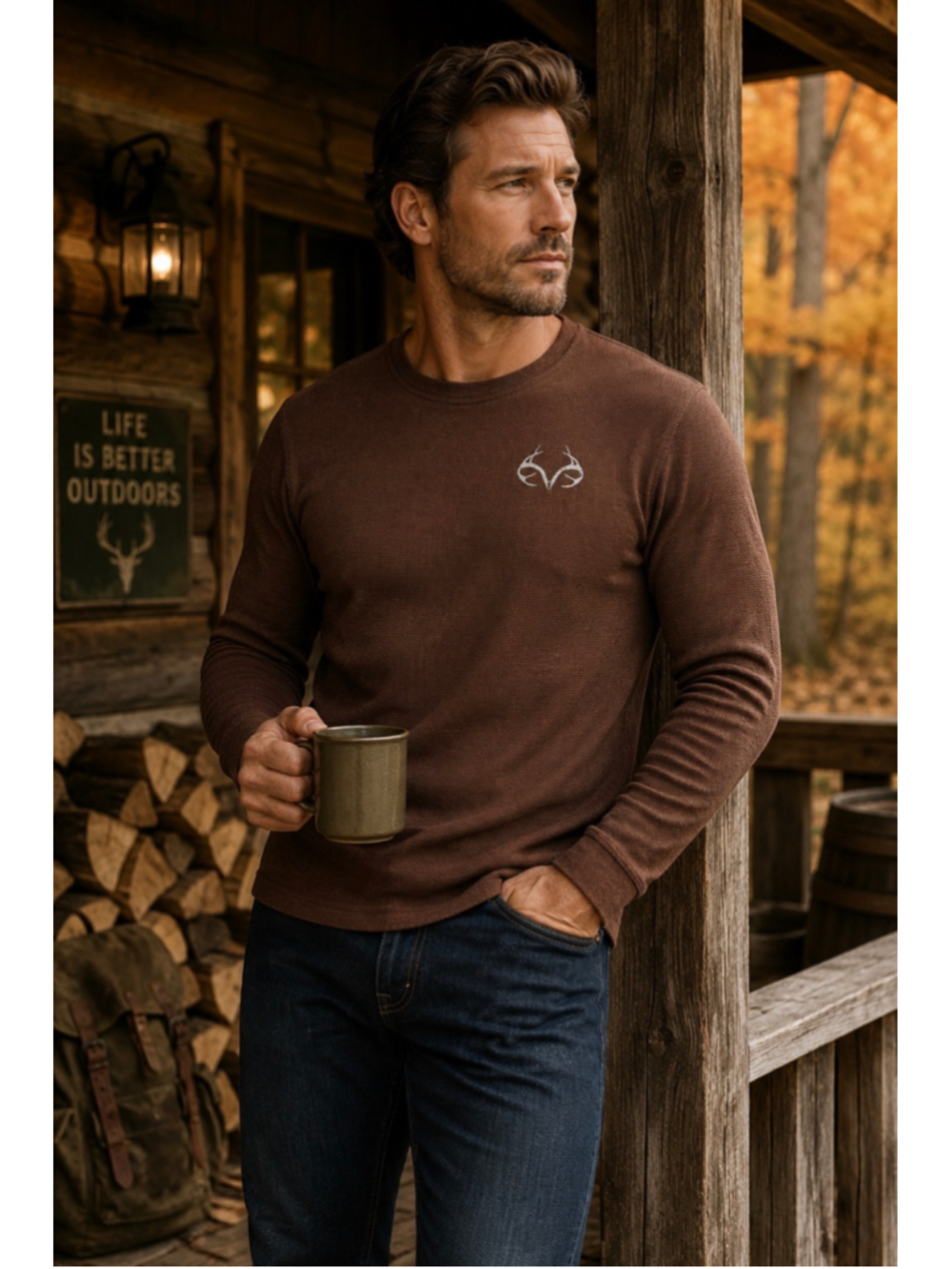 Realtree Men’s Large Brown Waffle Knit Thermal Long Sleeve Hunting Outdoor Shirt